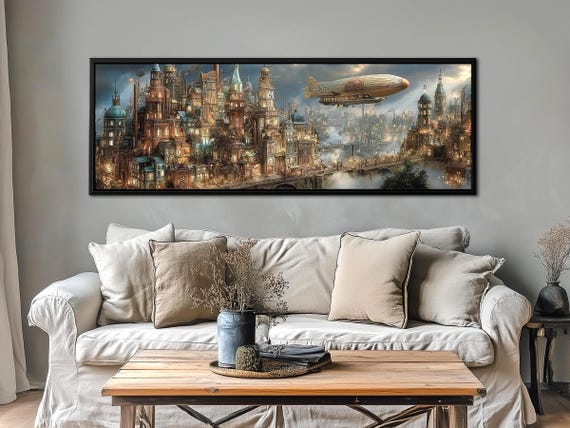 Steampunk Airship Wall Art – Industrial Fantasy Canvas Print, Dark Academia Decor, Surreal Victorian Cityscape, Panoramic Sci-Fi Art