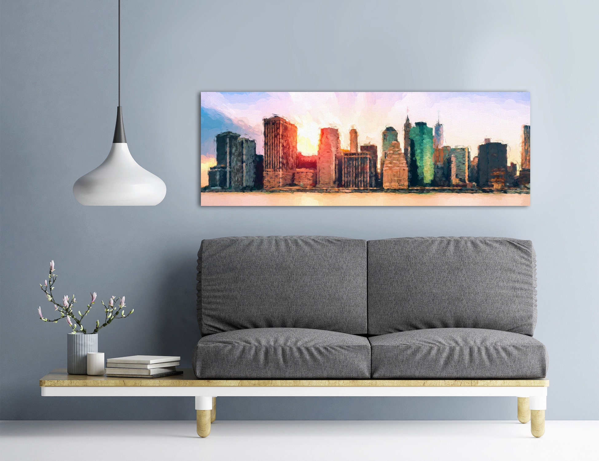 New York City skyline wall art, acrylic cityscape painting on canvas