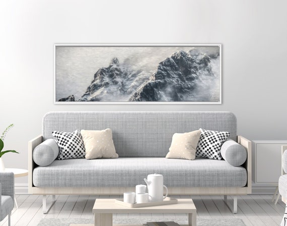 Foggy mountain landscape oil painting on canvas - ready to hang large gray gallery wrap canvas wall art print with or without floater frame.