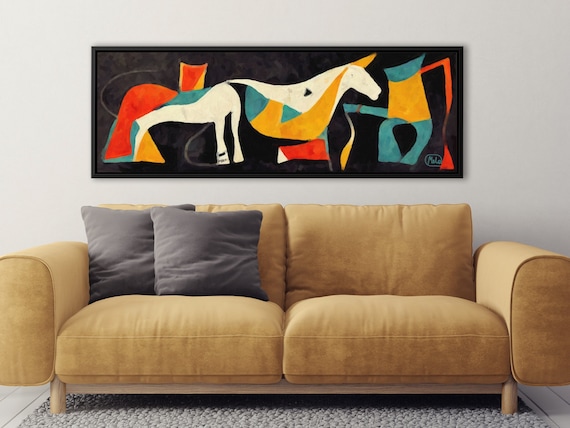 Horses Wall Art, Cubist Oil Painting On Canvas By Mela - Ready To Hang Large Wrapped Canvas Wall Art Prints With Or Without Floating Frames.