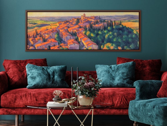 Tuscan Hills Wall Art, Oil Landscape Painting On Canvas By Mela - Large Gallery Wrapped Canvas Wall Art Prints With/Without Floating Frames.