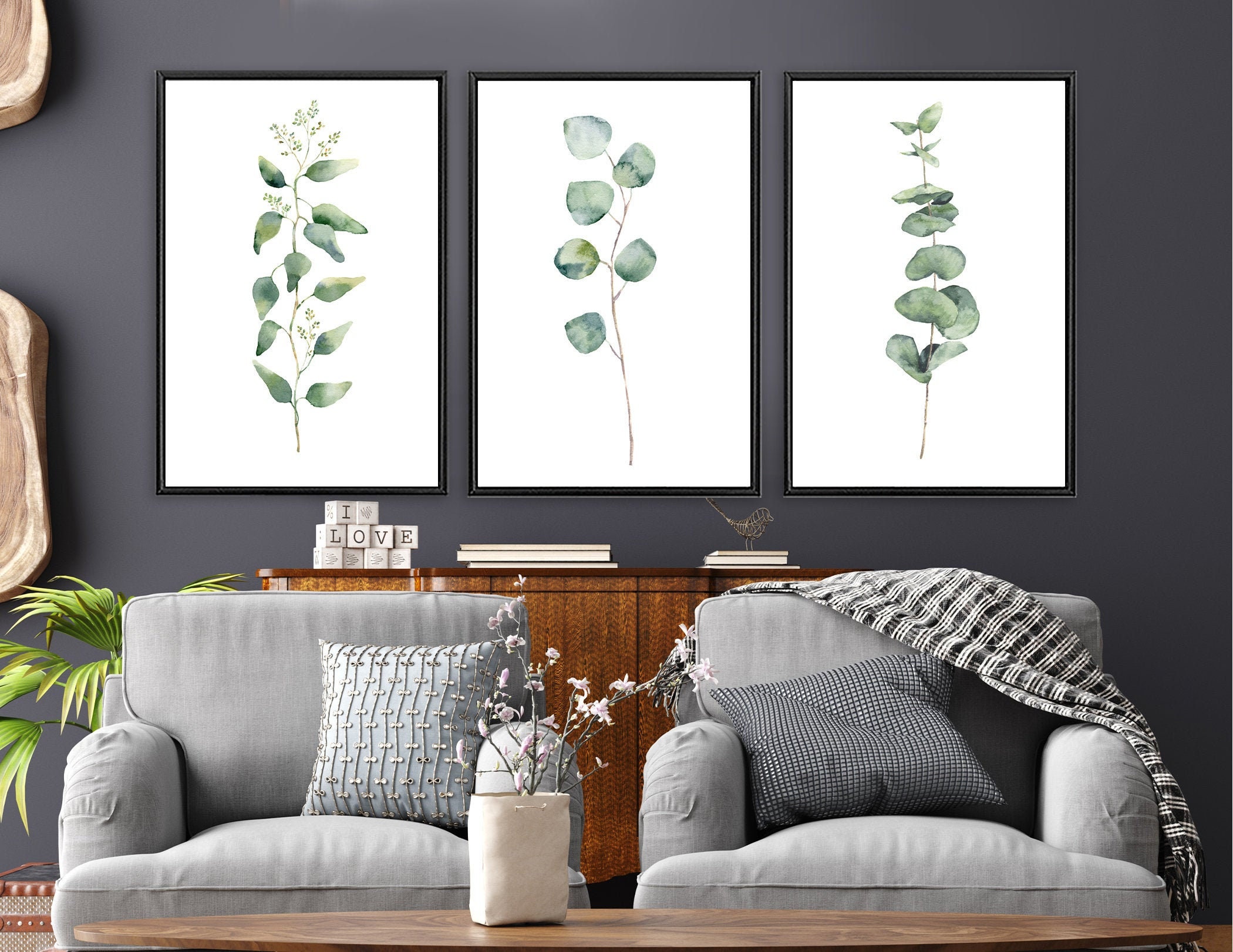 Eucalyptus branch prints, large green botanical watercolor wall art