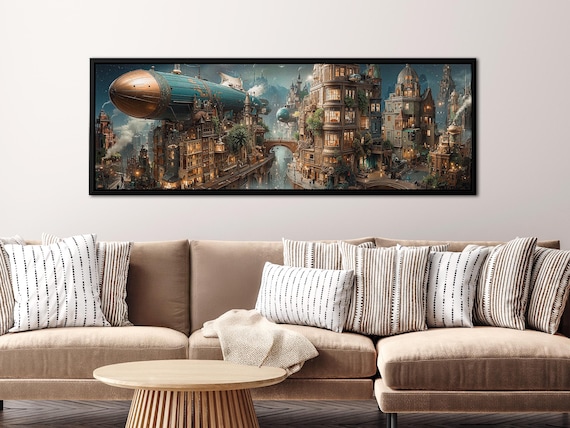 Surreal Steampunk Panoramic Canvas: Industrial Cyberpunk Decor