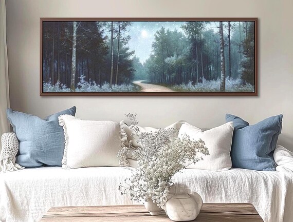 Panoramic Night Wall Art in the Woods – Moody Forest Wall Art, Framed Landscape Print, Dark Cottagecore Decor Pine Trees Canvas Print