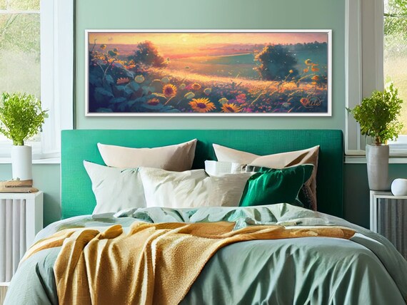 Sunflower Field Landscape Wall Art, Oil Painting On Canvas By Mela - Large Panoramic Canvas Wall Art Prints With or Without Floating Frames.