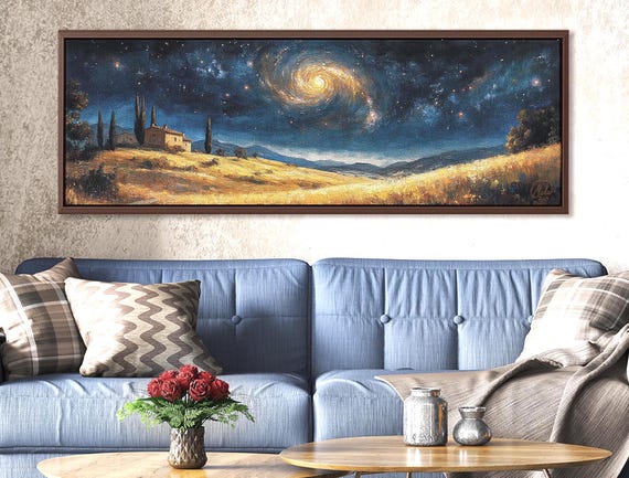 Tuscan Night Sky Painting | Van Gogh-inspired Landscape Art | Panoramic Canvas Print