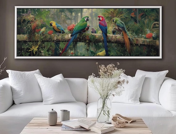 Tropical Birds Wall Art – Maximalist Decor | Large Panoramic Canvas | Framed or Unframed | Colorful Eclectic Wall Hanging | Vintage Style