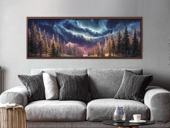 Northern Lights Canvas Wall Art – Night Sky over Snowy Winter Landscape