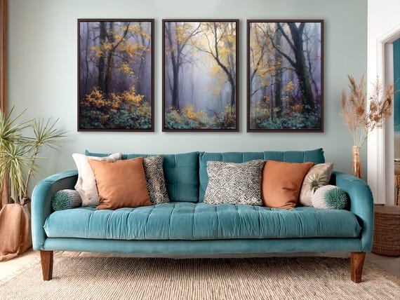 Forest Wall Art Set of 3 - Large Framed Canvas Triptych Wall Art, Moody Art, Modern Rustic Wall Art Decor Nature Landscape Art Prints