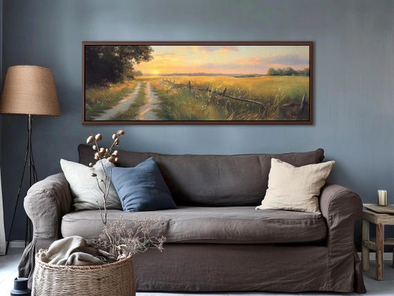 Country Landscape Artwork – Sunset Meadow Path Panoramic Canvas Print