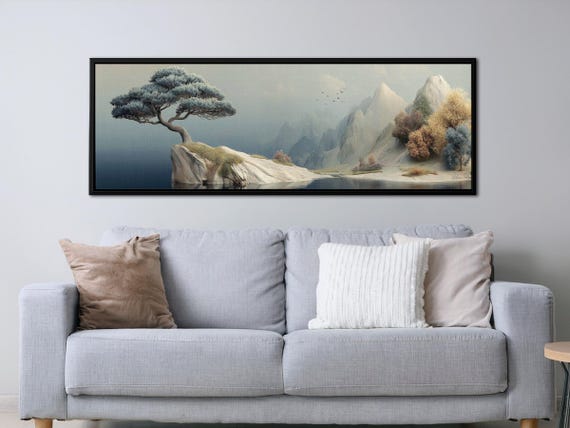 Zen Landscape Wall Art - Minimalist Japanese Tree Painting - Serene Mountain Canvas - Calm Nature Wall Decor