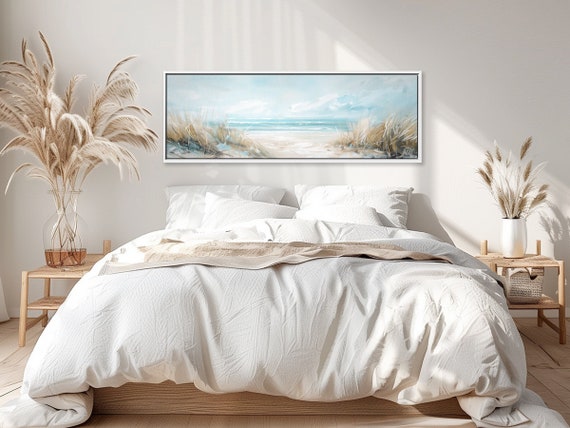 Dune Whispers: Panoramic Coastal Canvas Painting Printed on Canvas. Cottagecore Blue Wall Art.