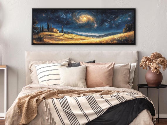 Tuscan Night Sky Canvas – Panoramic Landscape Painting Inspired by Van Gogh
