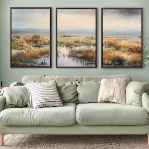 Backwater Landscape Canvas Print Set: Cloudy Sky Triptych, Framed Option