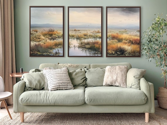 Landscape With Cloudy Sky Over Backwaters And Tall Grass - Divided Into 3 Large Canvas Art Prints With/Without Floating Frames.