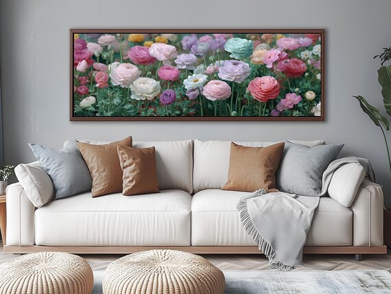Panoramic Canvas Print - Ranunculus Meadow, Large Wall Art Pastel Colors. Framed Wall Art, Meadow Landscape Art, Ultra Realistic Flowers Art