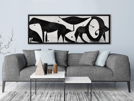 Horses, Black And White Cubist Oil Painting On Canvas By Mela - Large Gallery Wrapped Canvas Wall Art Prints With Or Without Floating Frames