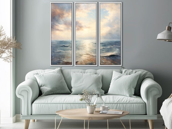 Gallery Wall Set Of 3 Prints With Ocean Wall Art, Realistic and Serene Seascape Oil Paintings Printed on Canvas. Extra Large Wall Art