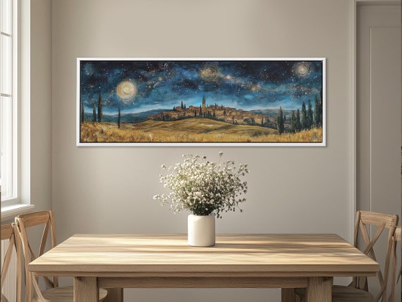 Tuscan Hill Town Panoramic Canvas Print - Van Gogh Inspired Painting for Home Decor