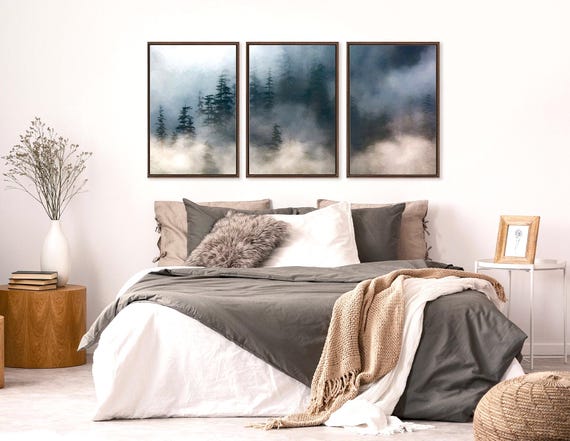 Misty Mountain Forest Triptych – Extra Large Gallery Wrapped Canvas Wall Art