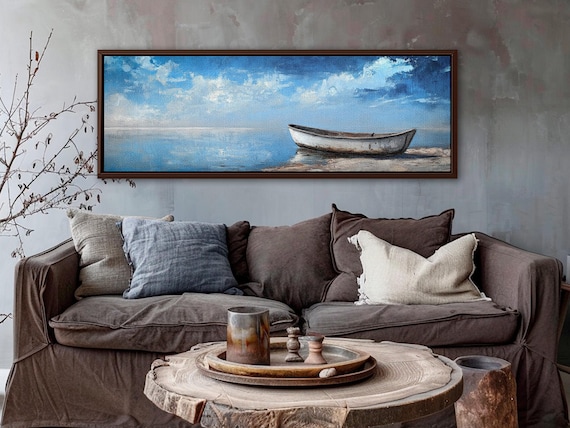 Panoramic Nautical Wall Art - Serene Coastal Rowboat Canvas, Cottage Core Decor