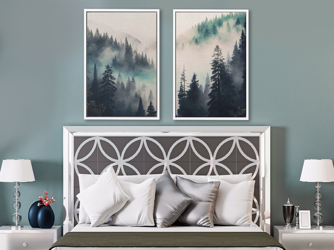 Foggy Mountain Forest Wall Art on Canvas by Mela Set of Two Prints With