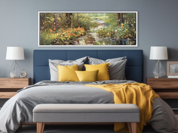 Forest Creek Landscape Wall Art, Aesthetic Painting On Canvas By Mela - Large Panoramic Canvas Wall Art Prints With/Without Floating Frames.