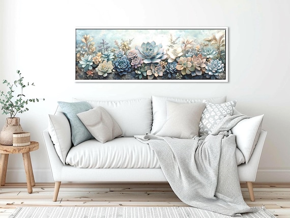 Succulent Canvas Wall Art – Long Narrow Botanical Print in Pastel Tones