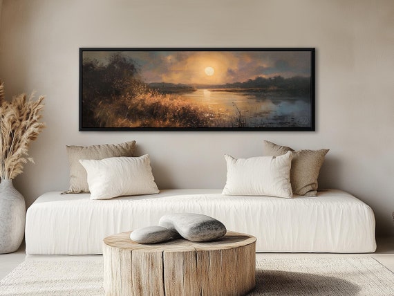 Panoramic Misty Lake Sunset Canvas – Impressionist Landscape in Copper-Orange Tones, Large Extra-Wide Tranquil Wall Art, Ready to Hang