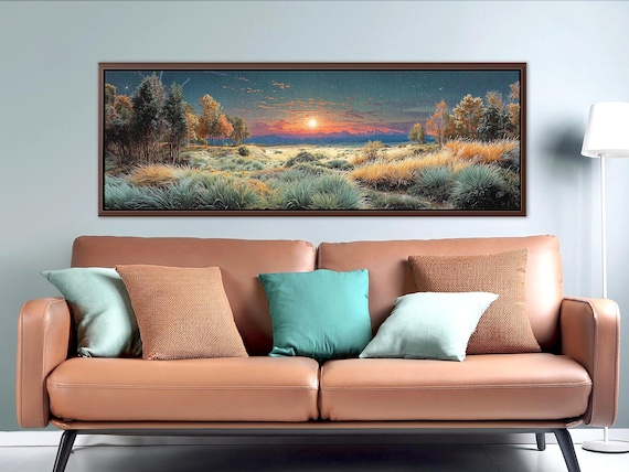 Meadow Sunset Panoramic Canvas Print: Vibrant Nature Landscape Farmhouse Wall Art