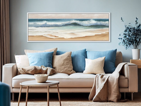 Ocean Beach Waves Wall Art, Coastal Oil Painting On Canvas By Mela - Large Panoramic Canvas Wall Art Prints With Or Without Floating Frames.