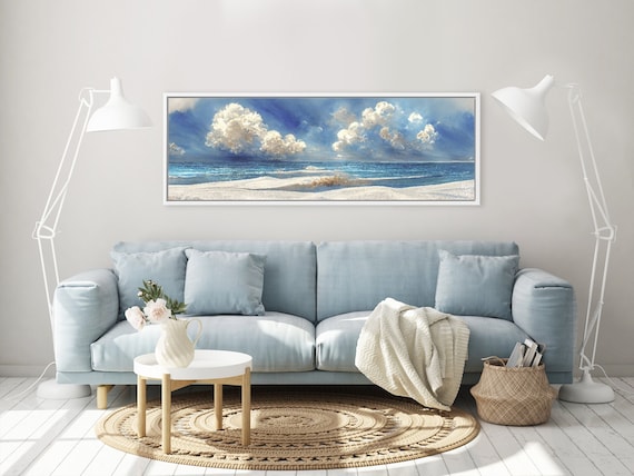 Blue Coastal Wall Art, Oil Landscape Painting On Canvas By Mela - Large Gallery Wrapped Canvas Wall Art Print With Or Without Floating Frame