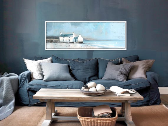 Lonely White English Cottage on the Beach - Panoramic Canvas Art Print