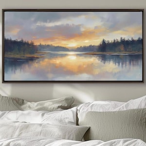 Sonnenaufgang überm See – Großes Landschafts Kunstwerk auf Leinwand | Gerahmte Wandkunst | Moderne Wand Kunst | Ruhige See Leinwand | Ölgemälde Look