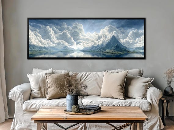 Mountain Cloud Wall Art - Panoramic Landscape Canvas Print, Lake and Sky Painting, Large Framed Wall Art for Living Room or Bedroom