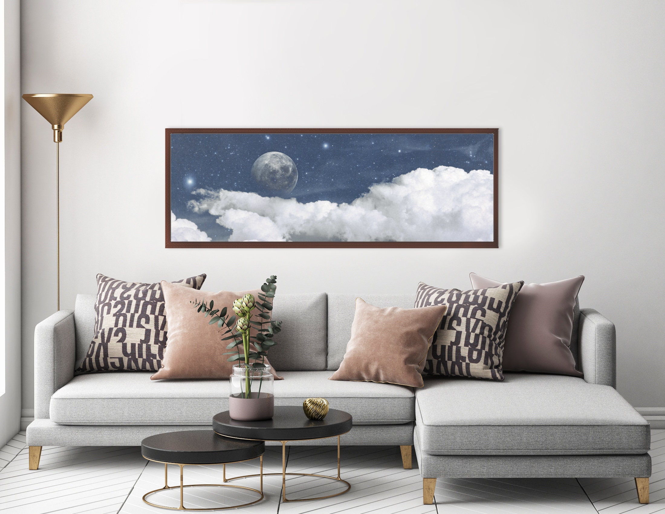 Starry night with moon and clouds - celestial watercolor ... Starry night with moon and clouds - celestial watercolor ...