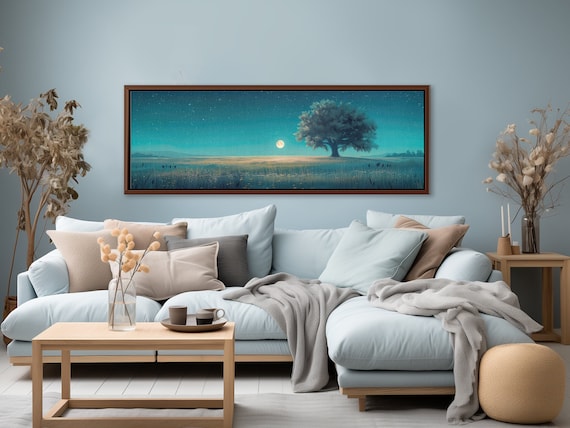 Starry Night Over the Tree of Life - Teal Landscape, Peaceful Nature Canvas Art Print.