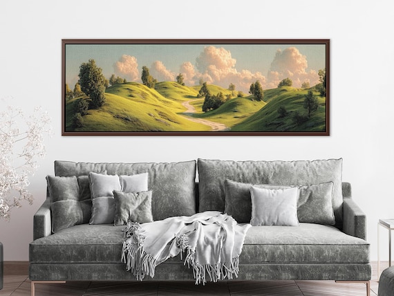 Rolling Hills Landscape Wall Art Canvas Print– Panoramic Green Meadow Canvas, Country Road Print, Large Nature Decor