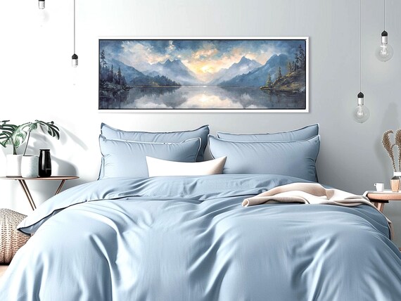 Moody Mountain Wall Art - Navy Blue Landscape - Panoramic Canvas Print of Misty Peaks & Calm Lake Above Bed Decor