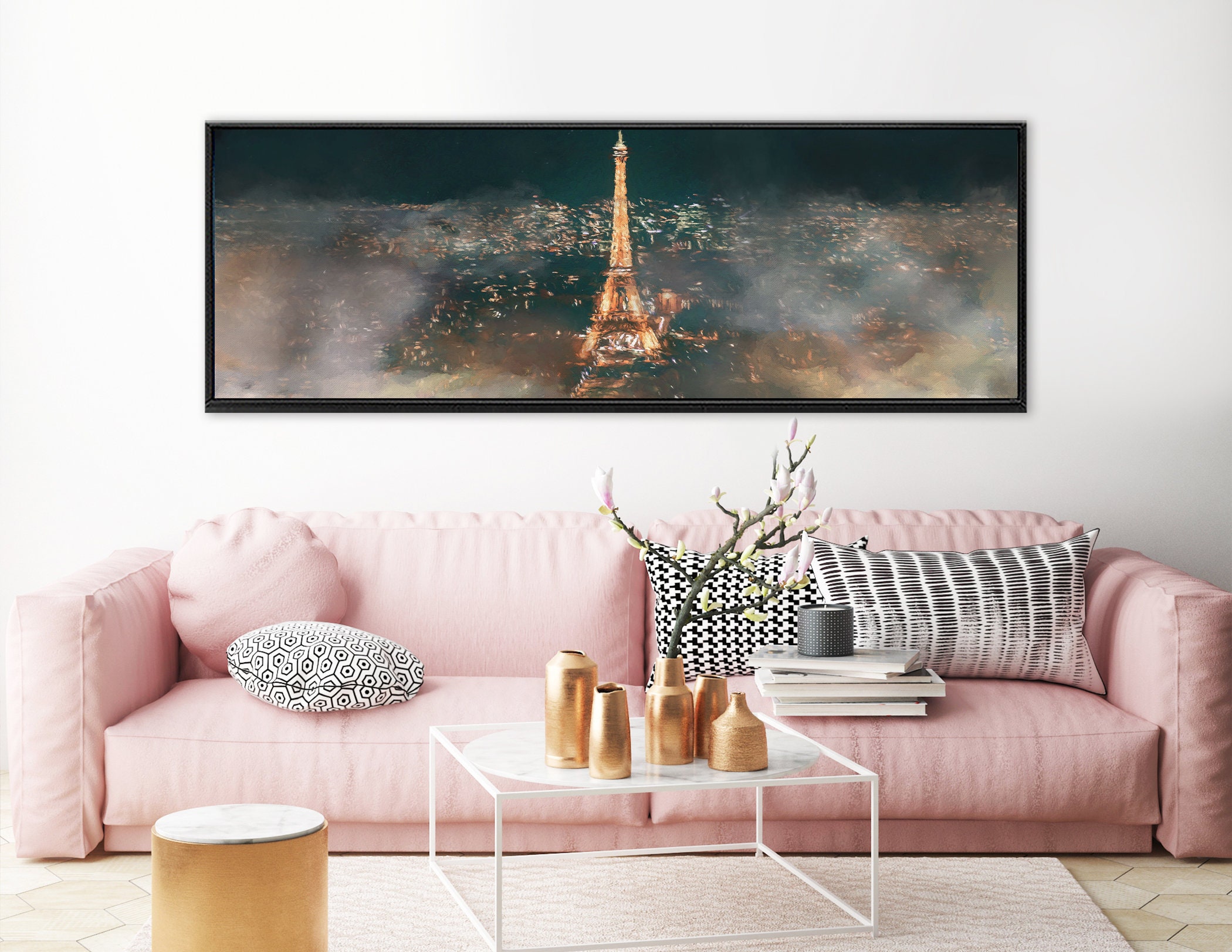 Paris, Eiffel Tower Foggy Night Cityscape Art, Oil Painting On Canvas ...