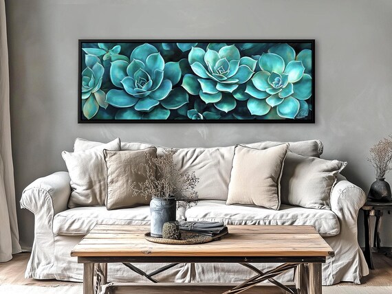 Succulent Wall Art – Teal Botanical Canvas Print for Living Room or Bedroom Decor