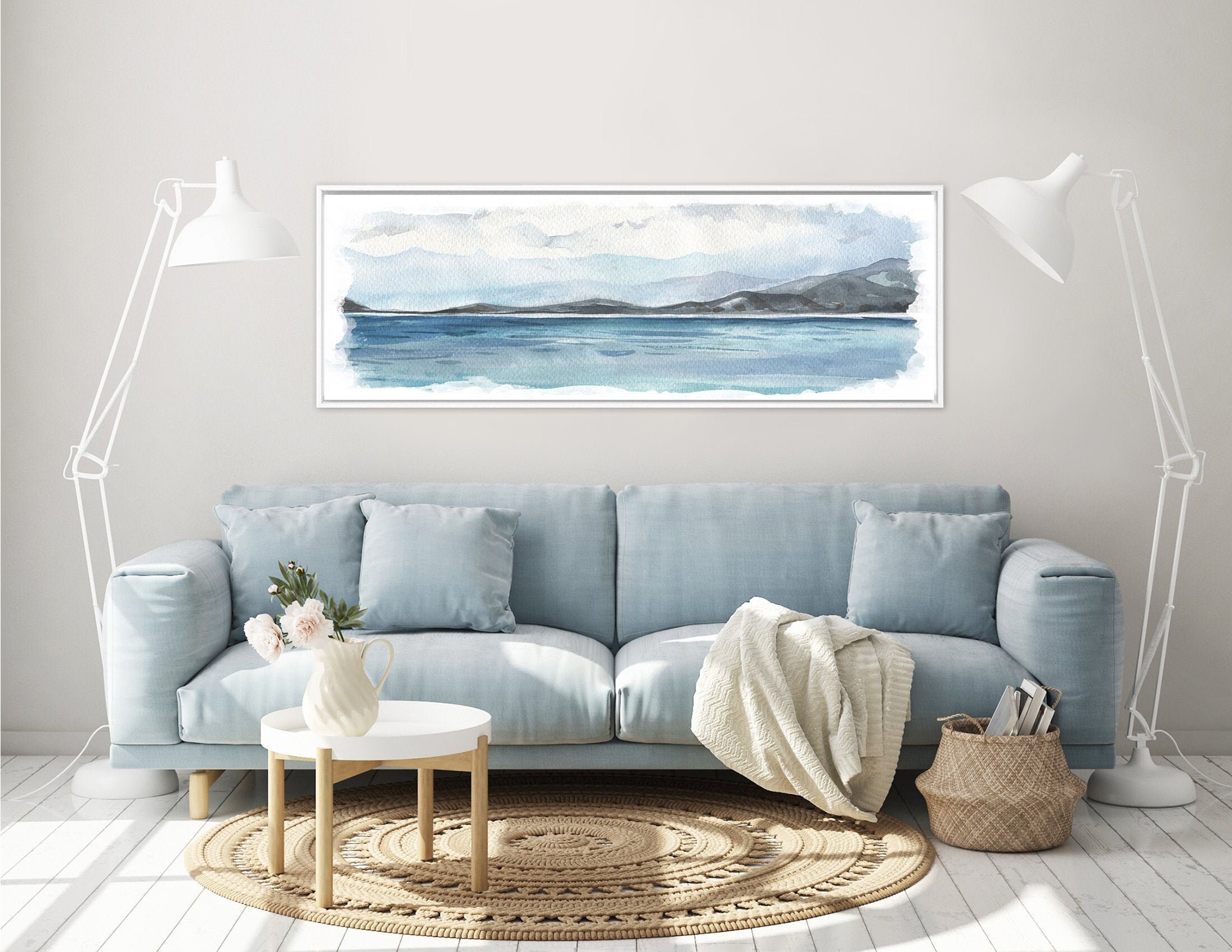 Blue Coastal Landscape Painting Contemporary Watercolor Wall Art