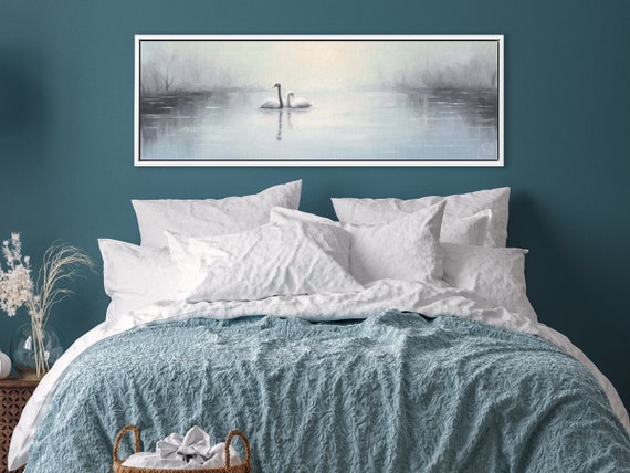 Pair Of Swans Wall Art, Oil Landscape Painting On Canvas By Mela - Large Gallery Wrapped Canvas Wall Art Prints With/Without Floating Frames