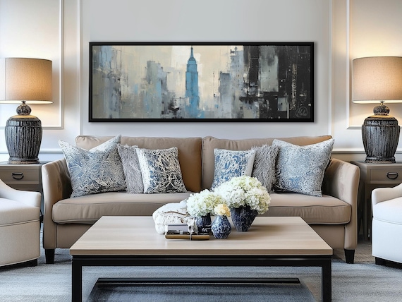 Abstract City Wall Art - Empire State Building - Modern Gray and Blue Wall Decor for Minimalist Home