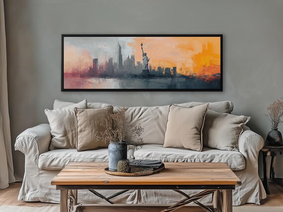 Gray and Orange Abstract Modern Art of New York City - Panoramic Canvas Wall Decor for Apartment & Bedroom - Long Narrow Manhattan Wall Art