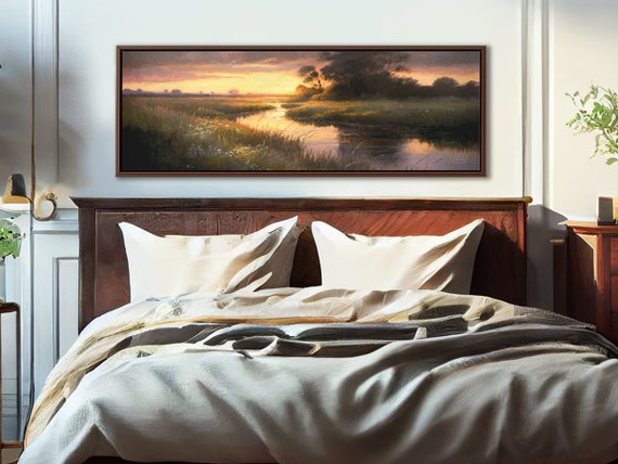 Sunset Meadow Wall Art, Oil Landscape Painting On Canvas By Mela - Large Gallery Wrapped Canvas Art Prints With Or Without Floating Frames.