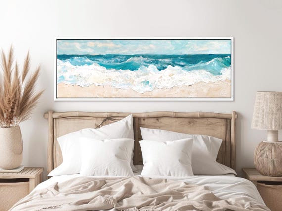 Wave Wall Art in Neutral Colors - Long Narrow Abstract Wall Art, Large Framed Canvas for Above Bed Decor