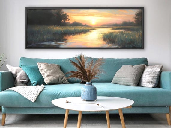 Pond Sunset Wall Art - Impressionist Landscape Artwork on Canvas