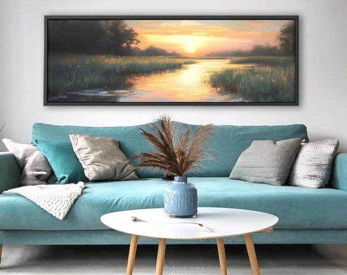 Pond Sunset Wall Art - Rustic Style Landscape Artwork on Canvas
