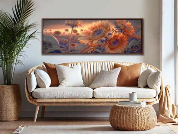 Sunflower Wall Art, Oil Painting On Canvas By Mela - Large Panoramic Gallery Wrapped Canvas Wall Art Prints With Or Without Floating Frames.